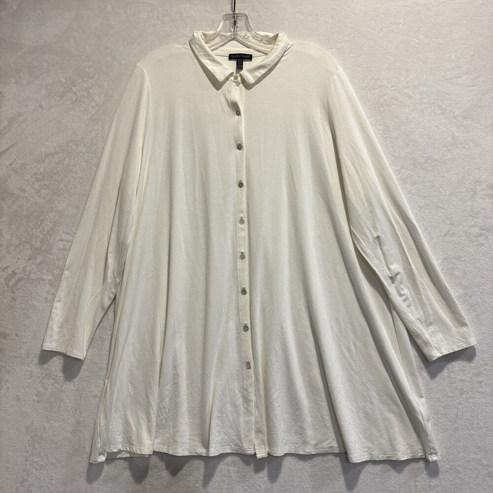 Eileen Fisher Button Front Collared Stretch Tunic Top Ivory Women's XL Viscose
